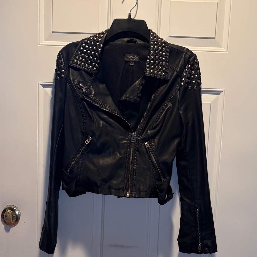 Topshop Black Leather Jacket with Studded Shoulders